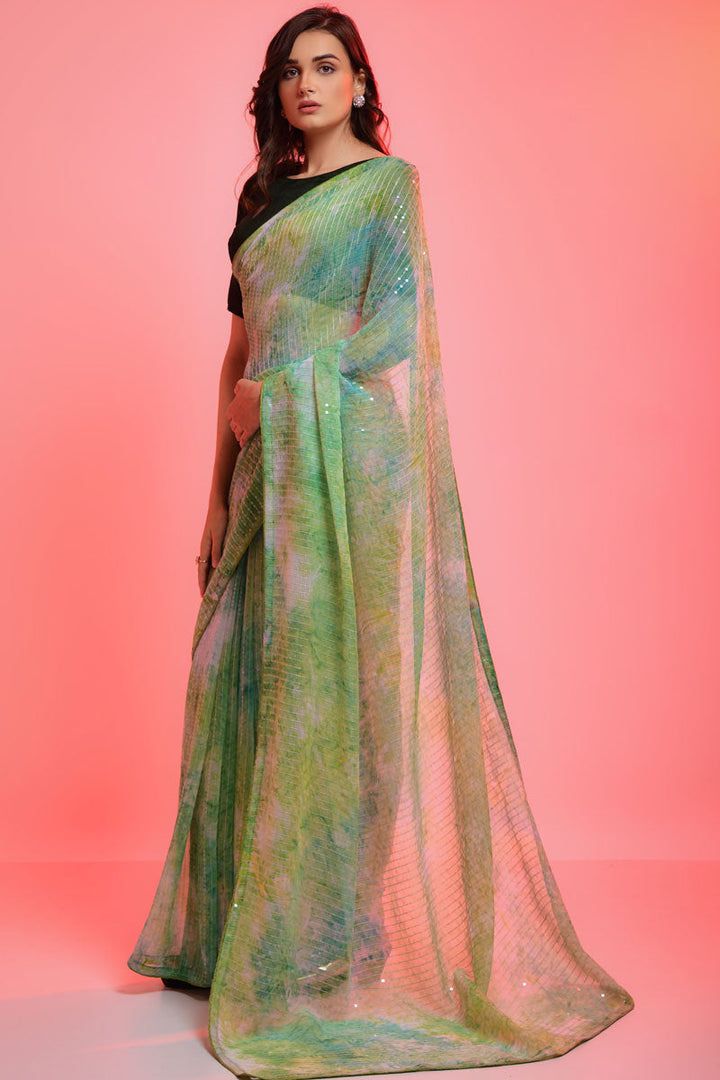 Party Look Green Color Awesome Sequins Work Saree In Chiffon Fabric