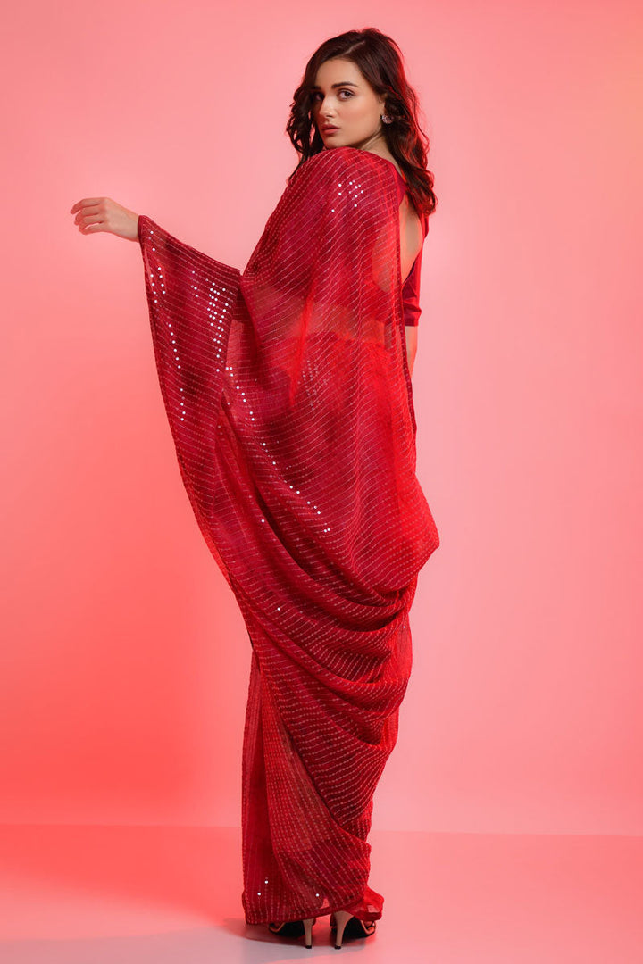 Party Look Stunning Red Color Chiffon Fabric Saree With Sequins Work