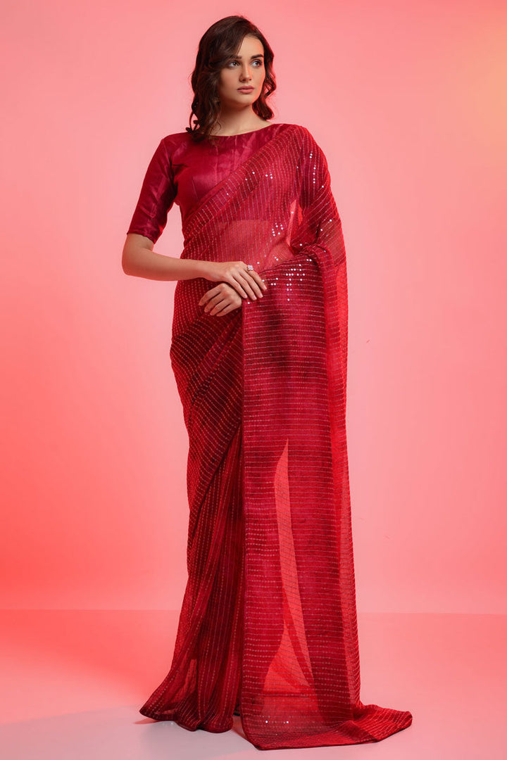 Party Look Stunning Red Color Chiffon Fabric Saree With Sequins Work