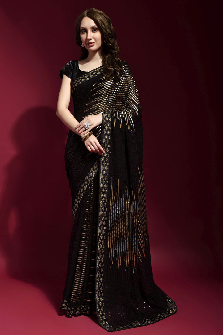 Black Color Fantastic Georgette Fabric Party Style Saree With Sequins Work