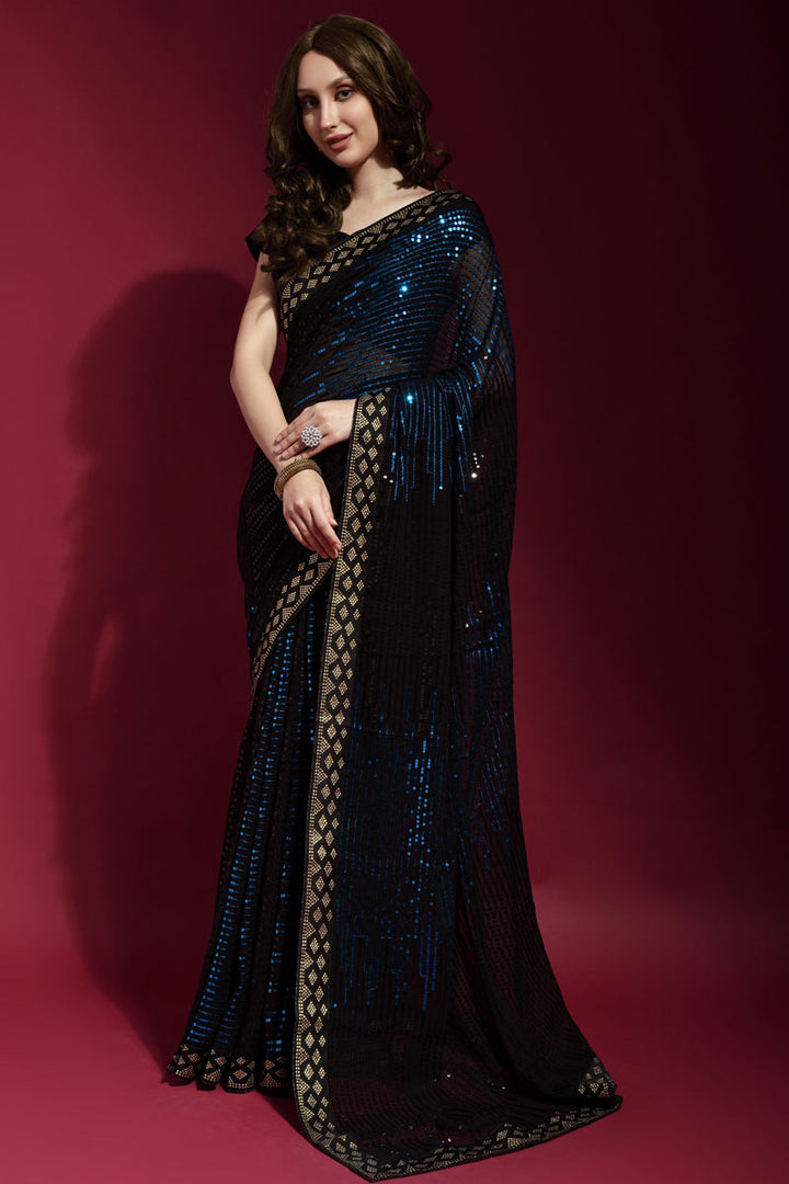 Sequins Work On Blue Color Aristocratic Georgette Fabric Party Style Saree