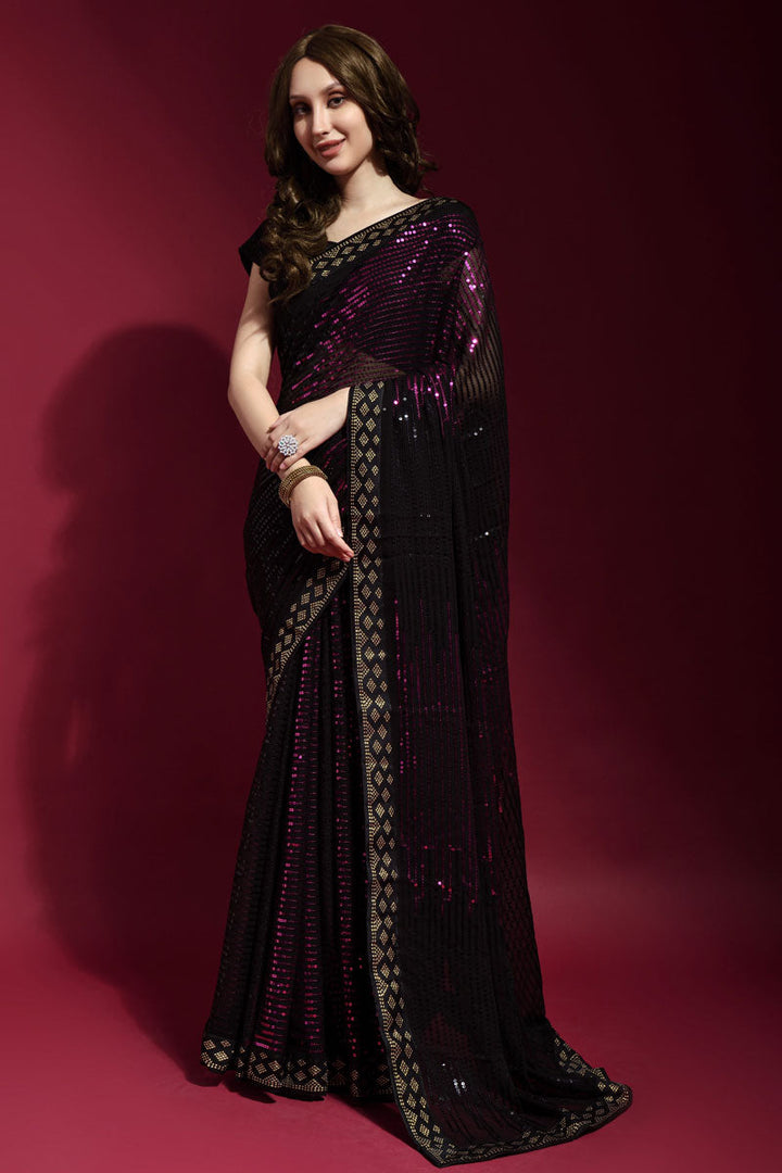 Imperial Rani Color Georgette Fabric Party Style Saree With Sequins Work
