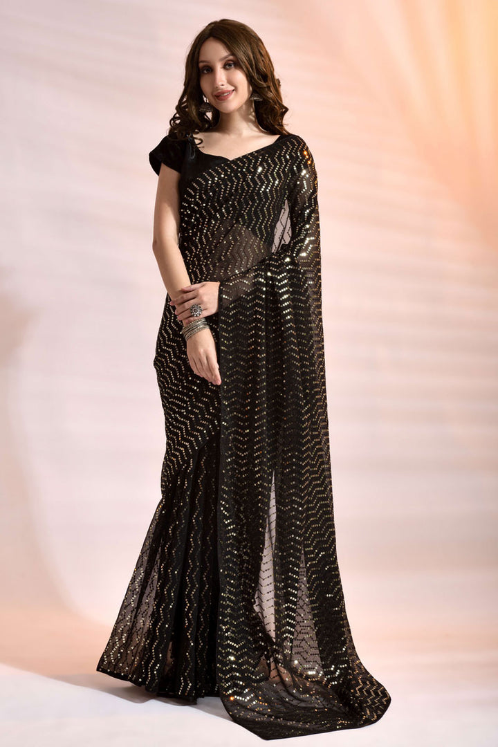 Black Color Georgette Fabric Party Look Graceful Saree With Sequins Work