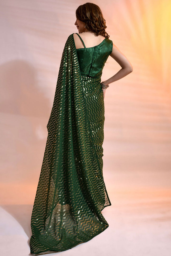 Green Color On Party Look Georgette Fabric Soothing Saree In Sequins Work