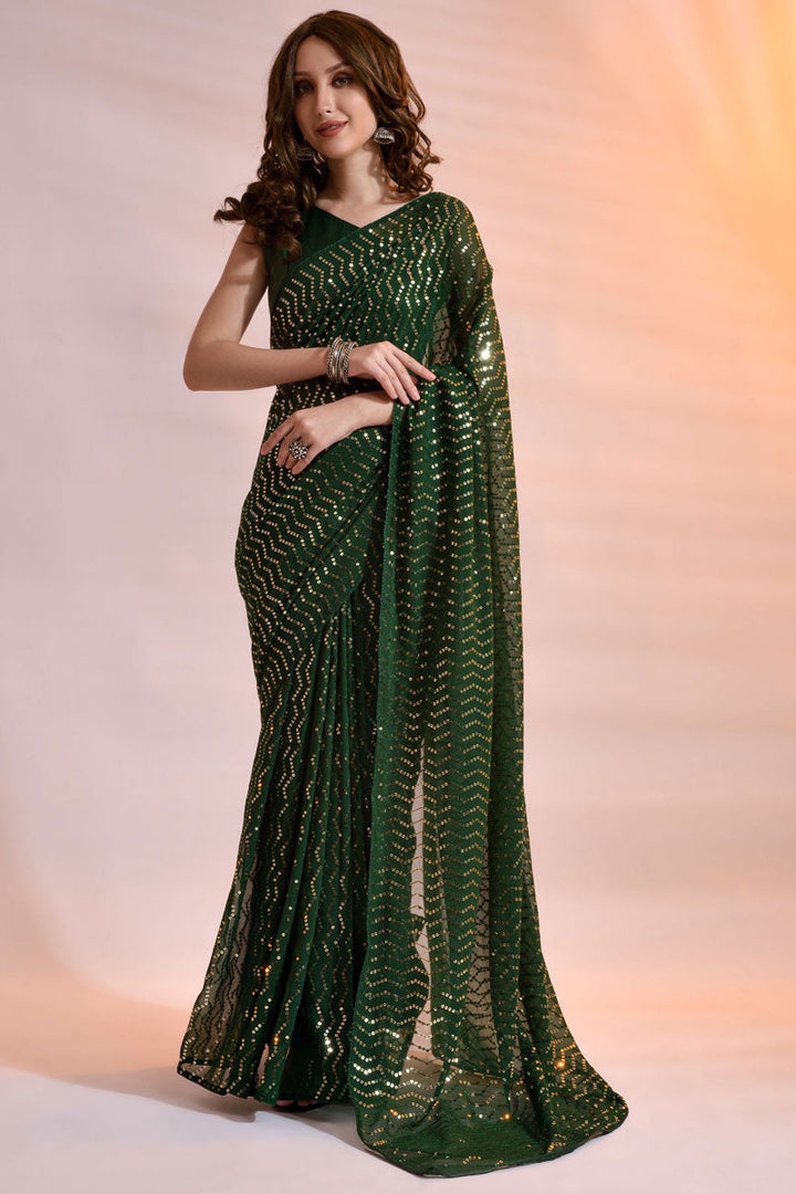 Green Color On Party Look Georgette Fabric Soothing Saree In Sequins Work