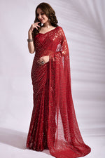 Load image into Gallery viewer, Red Color Sequins Work Georgette Fabric Party Look Winsome Saree
