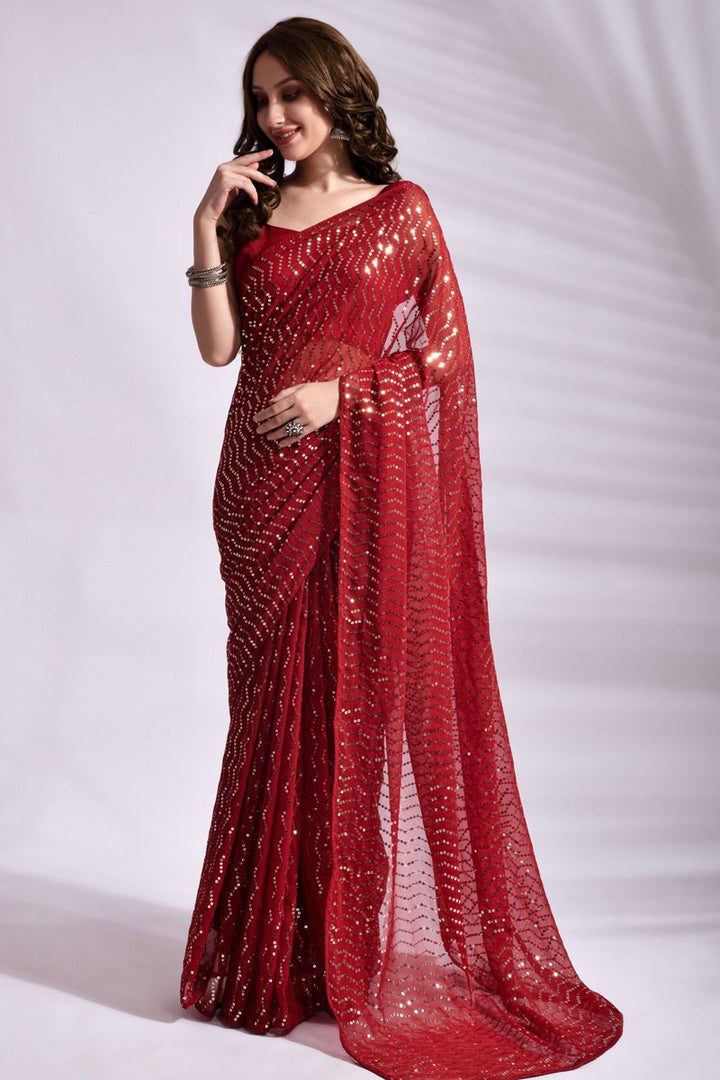 Red Color Sequins Work Georgette Fabric Party Look Winsome Saree
