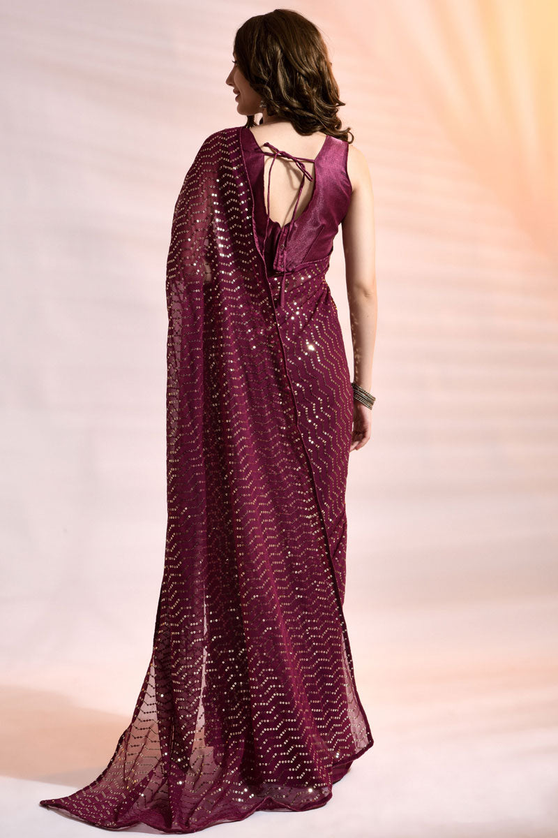 Georgette Fabric Sequins Work Party Look Pleasant Saree In Wine Color