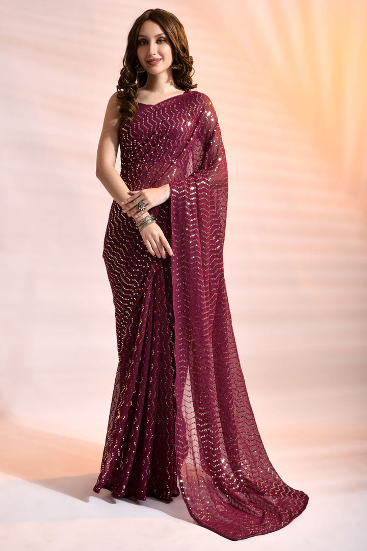 Georgette Fabric Sequins Work Party Look Pleasant Saree In Wine Color