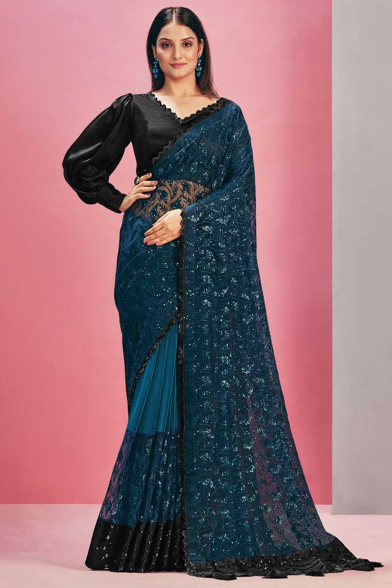 Sequins Work Party Wear Teal Color Net Fabric Saree With Elegant Pallu