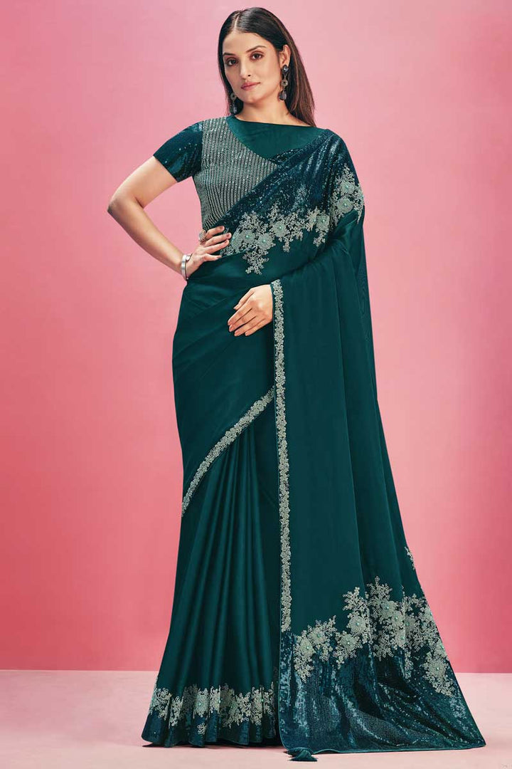 Teal Color Alluring Party Wear Georgette Georgette Silk  Fabric Sequins Work Saree