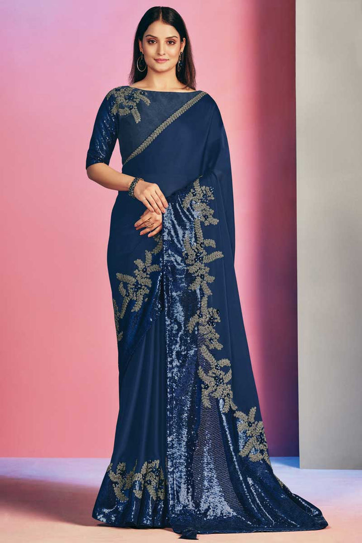 Satin Satin Silk Fabric Blue Color Party Wear Designer Saree With Sequins Work