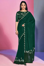 Load image into Gallery viewer, Party Wear Dark Green Color Satin Satin Silk Fabric Saree With Exceptional Sequins Work
