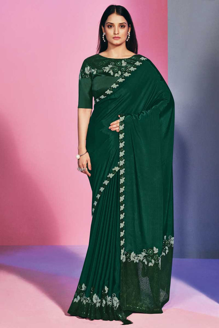Party Wear Dark Green Color Satin Satin Silk Fabric Saree With Exceptional Sequins Work