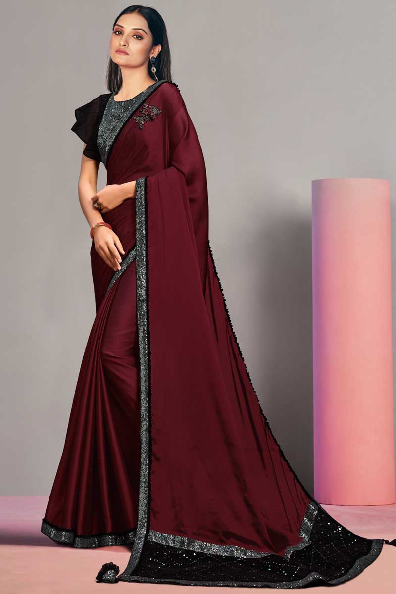 Maroon Color Party Wear Georgette Georgette Silk Fabric Saree With Incredible Sequins Work
