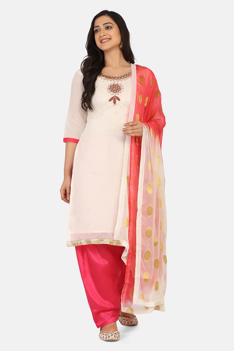 Beige Cotton Fabric Embroidered Office Wear Patiala Salwar Kameez