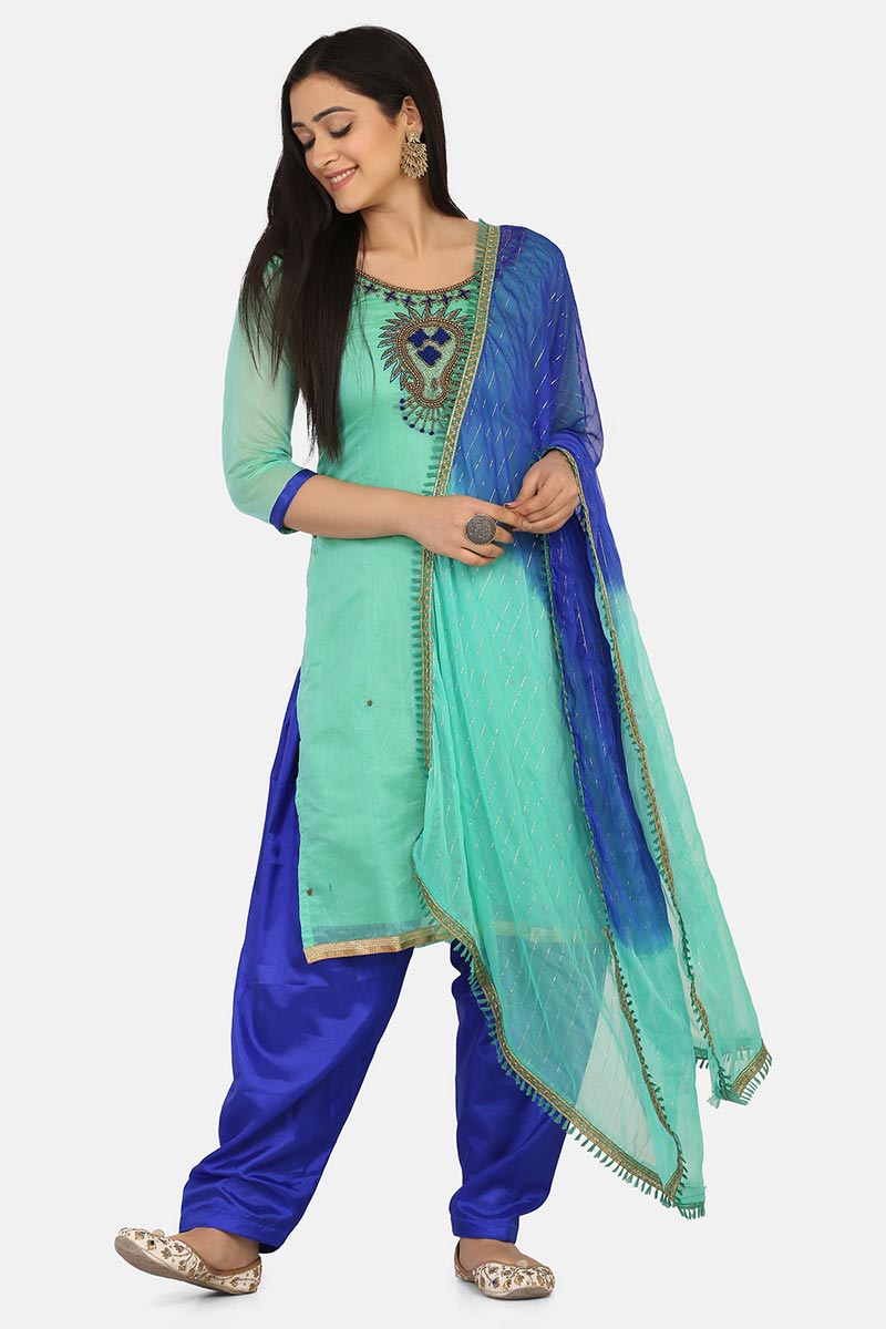 Sea Green Color Cotton Embroidered Daily Wear Patiala Suit