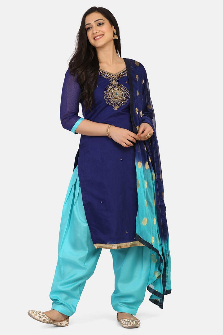 Navy Blue Color Cotton Fabric Embroidered Daily Wear Patiala Suit