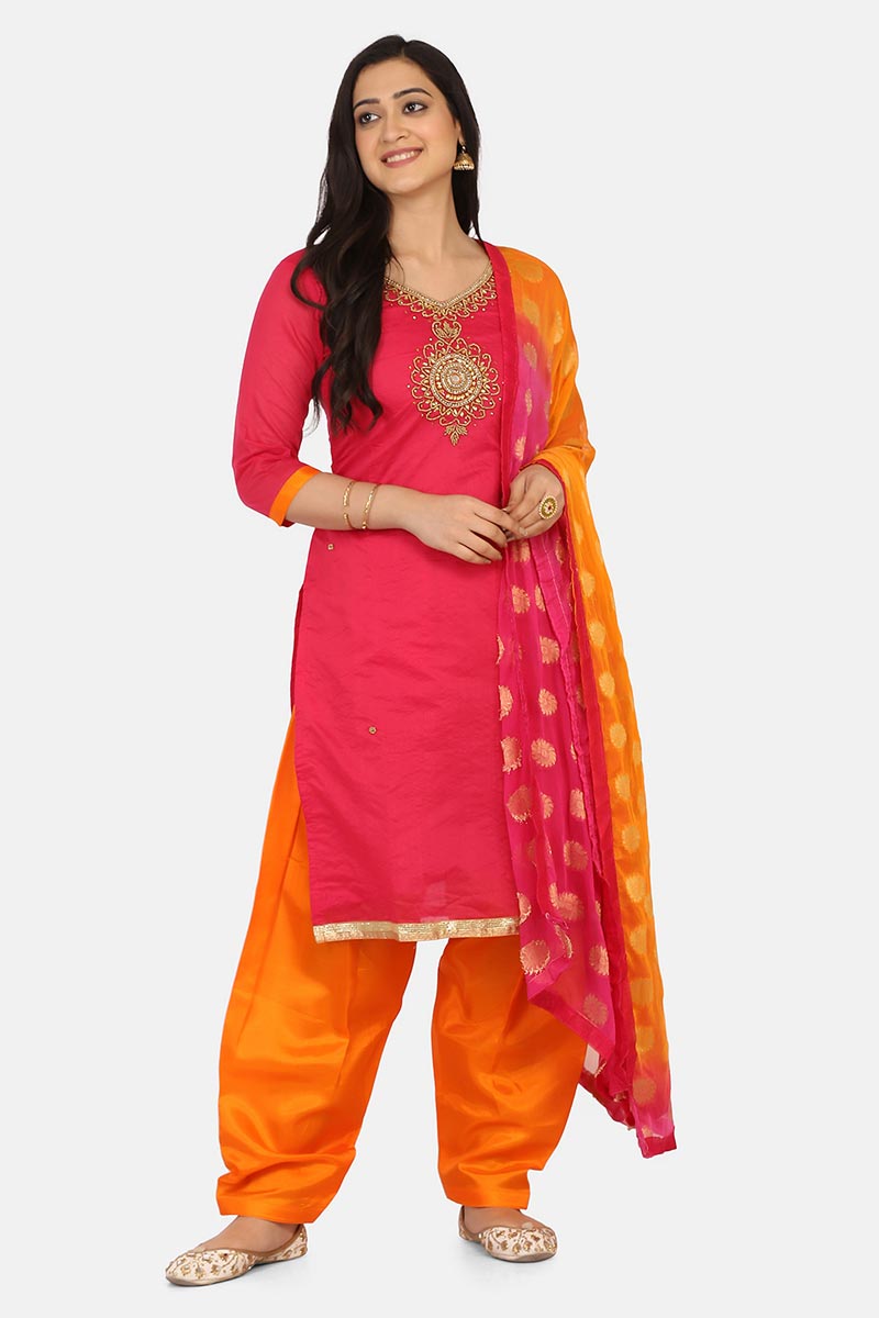 Pink Color Cotton Fabric Embroidered Casual Wear Patiala Salwar Suit