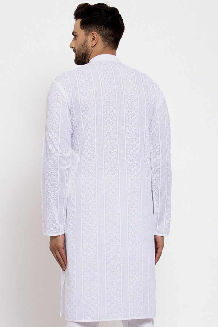 White Color Cotton Fabric Festive Wear Embroidered Readymade Men Kurta