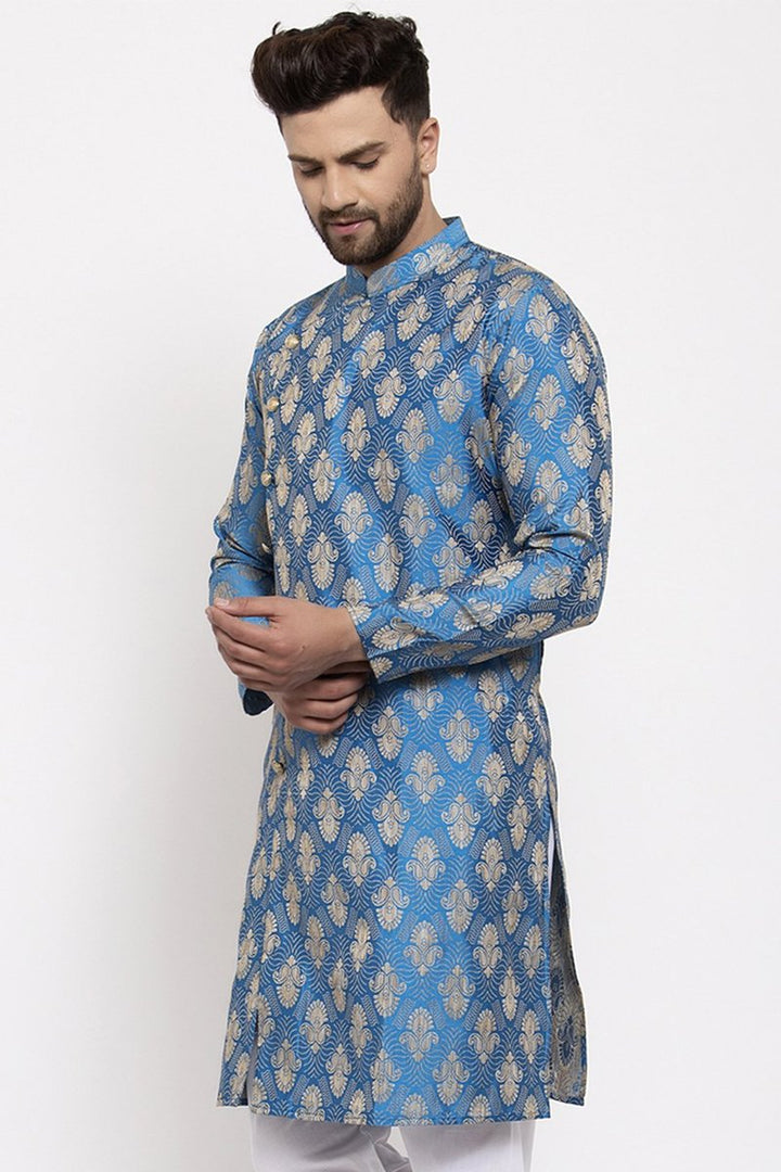 Sky Blue Color Jacquard Fabric Festive Wear Readymade Kurta For Men