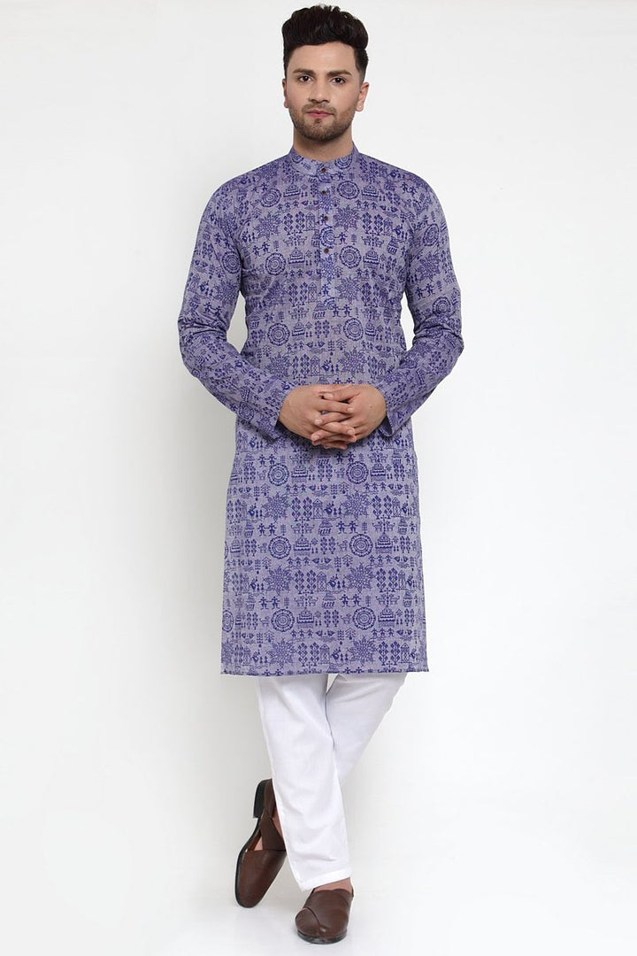Purple Color Cotton Fabric Function Wear Printed Readymade Kurta For Men
