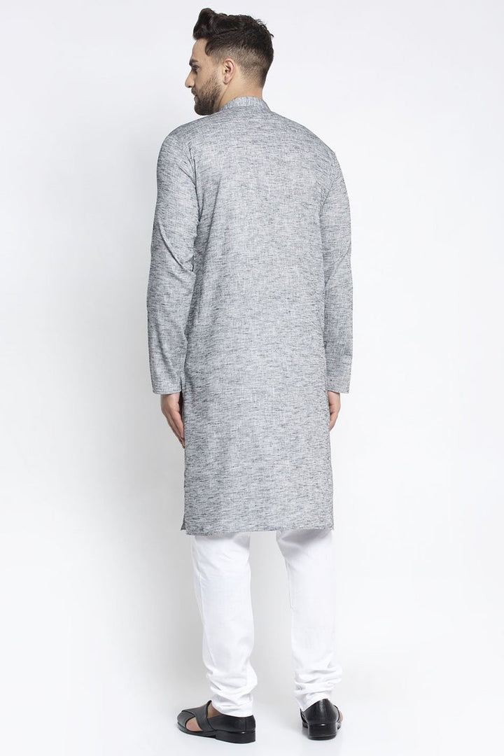 Grey Color Cotton Fabric Festive Wear Readymade Kurta Pyjama For Men
