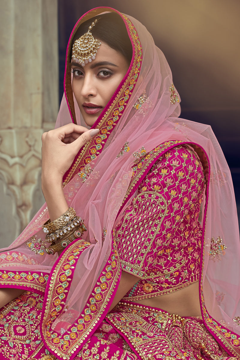 Silk Fabric Designer Embroidered Magenta Color Bridal Lehenga Choli With Double Dupatta