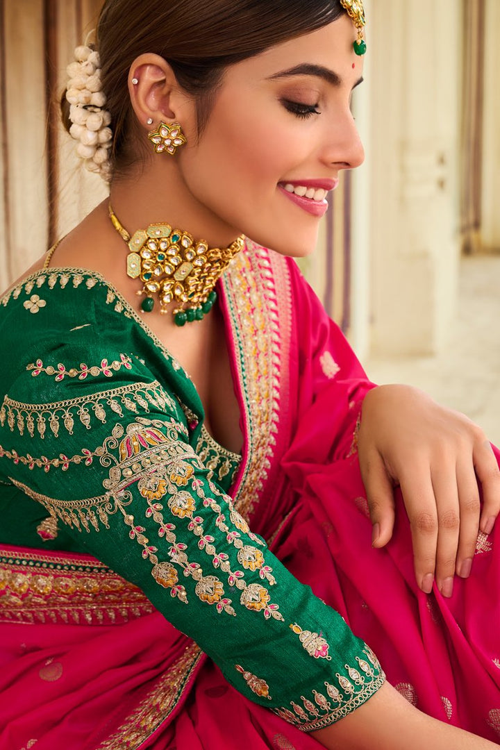 Rani Color Silk Fabric Weaving Work Wedding Wear Saree