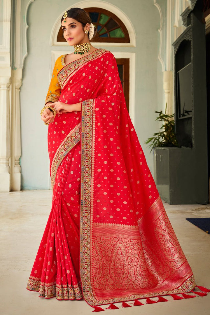 Red Color Silk Fabric Designer Weaving Work Function Wear Saree