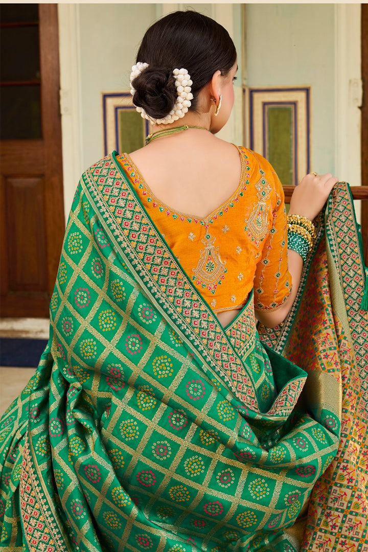 Silk Fabric Puja Wear Green Color Weaving Work Saree