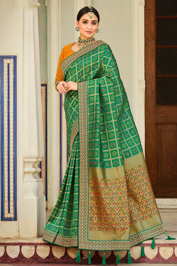 Silk Fabric Puja Wear Green Color Weaving Work Saree