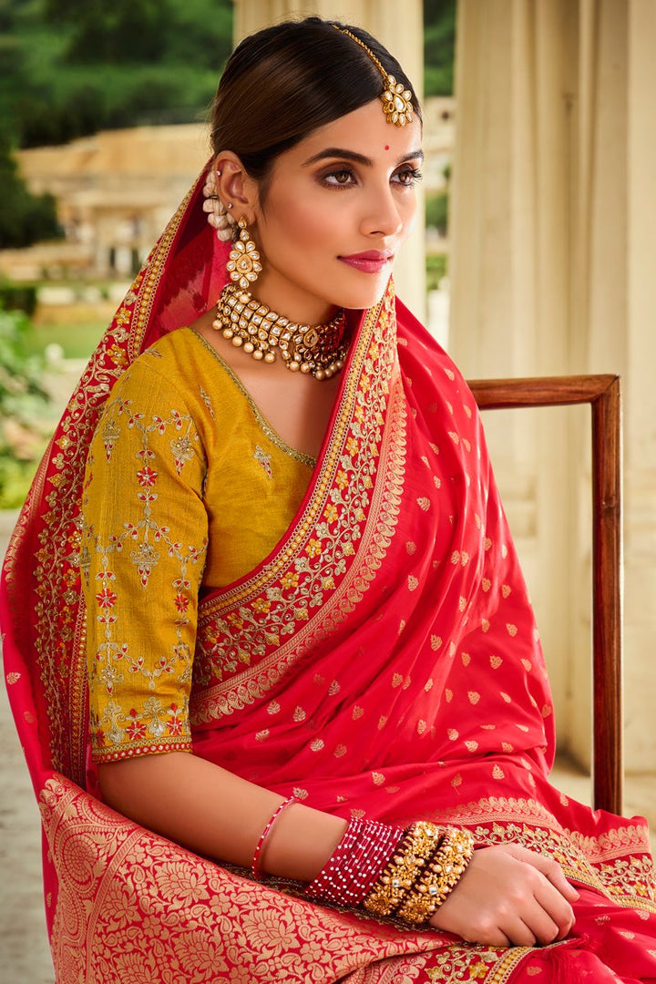 Silk Fabric Festive Wear Red Color Weaving Work Saree