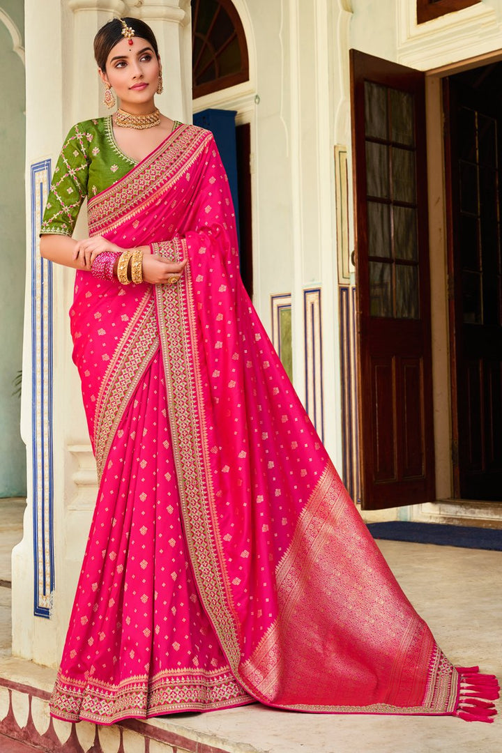 Sangeet Wear Silk Fabric Weaving Work Saree In Rani Color