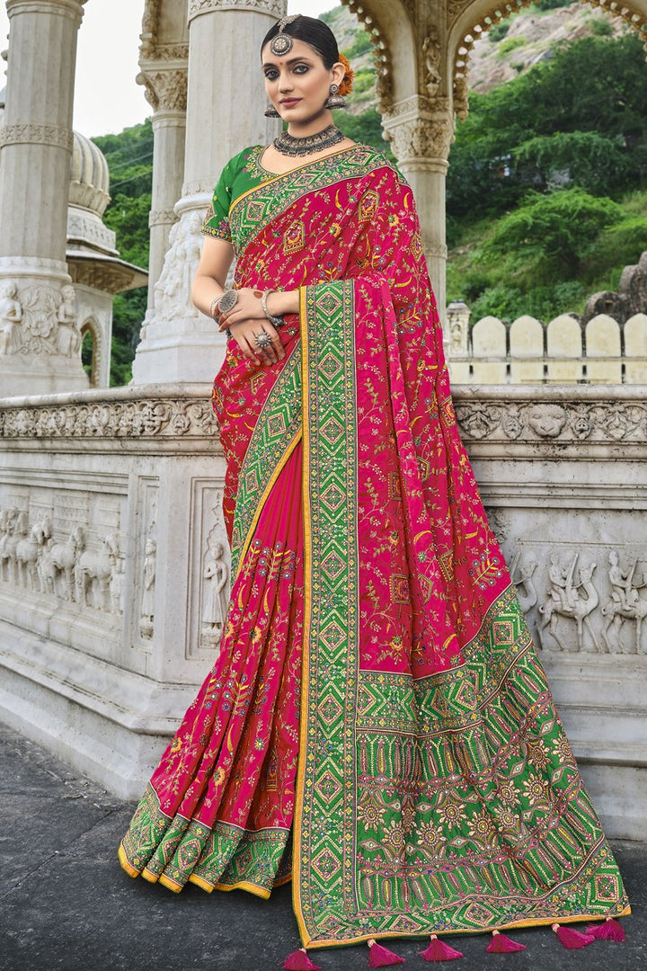 Pink Color Embroidered Wedding Wear Designer Saree In Satin Fabric