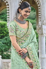 Load image into Gallery viewer, Organza Fabric Embroidered Sea Green Color Function Wear Trendy Saree
