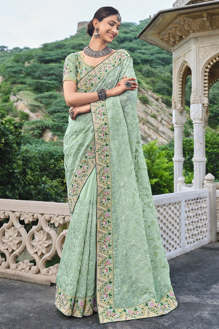 Organza Fabric Embroidered Sea Green Color Function Wear Trendy Saree