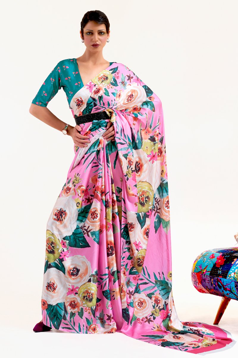 Art Silk Fabric Chic Festive Wear Pink Color Printed Saree