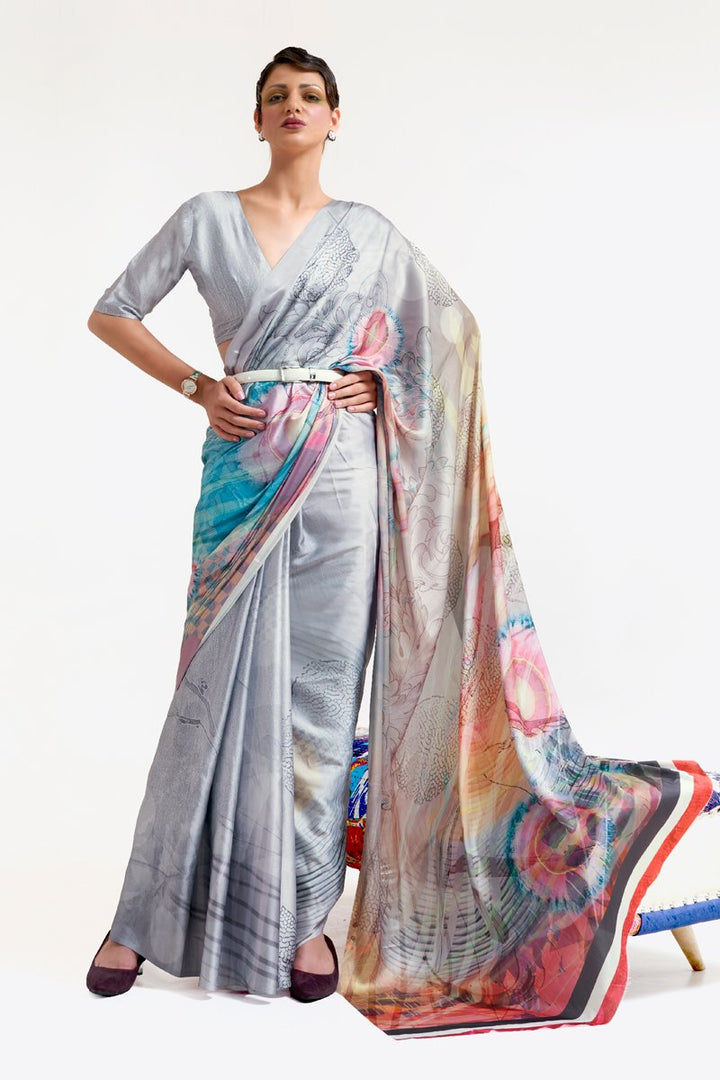 Grey Color Festive Wear Chic Art Silk Fabric Printed Saree