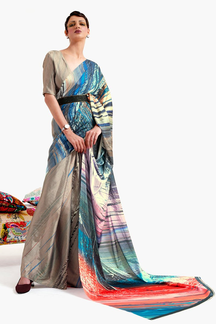 Festive Wear Chic Cream Color Printed Saree In Art Silk Fabric