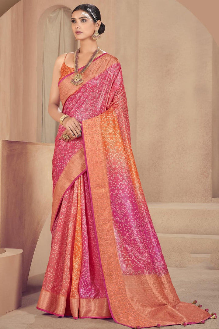 Multi Color Function Wear Art Silk Fabric Bandhani Print Designer Saree