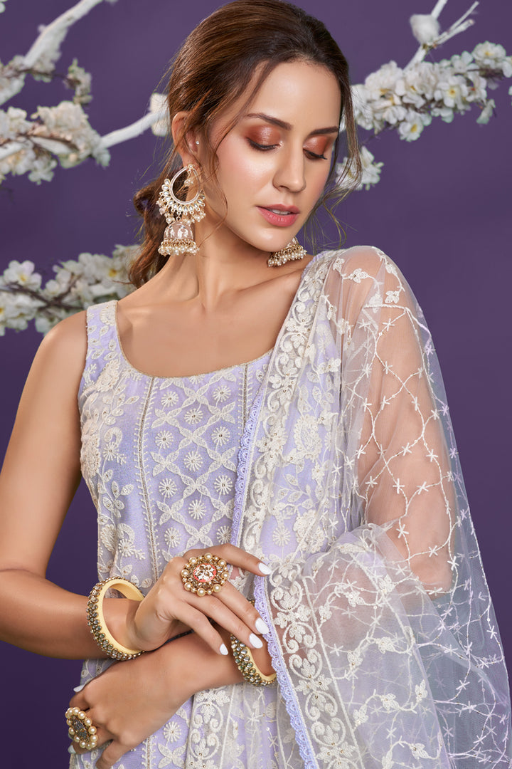 Function Wear Net Fabric Lavender Color Thread Embroidered Designer Salwar Suit