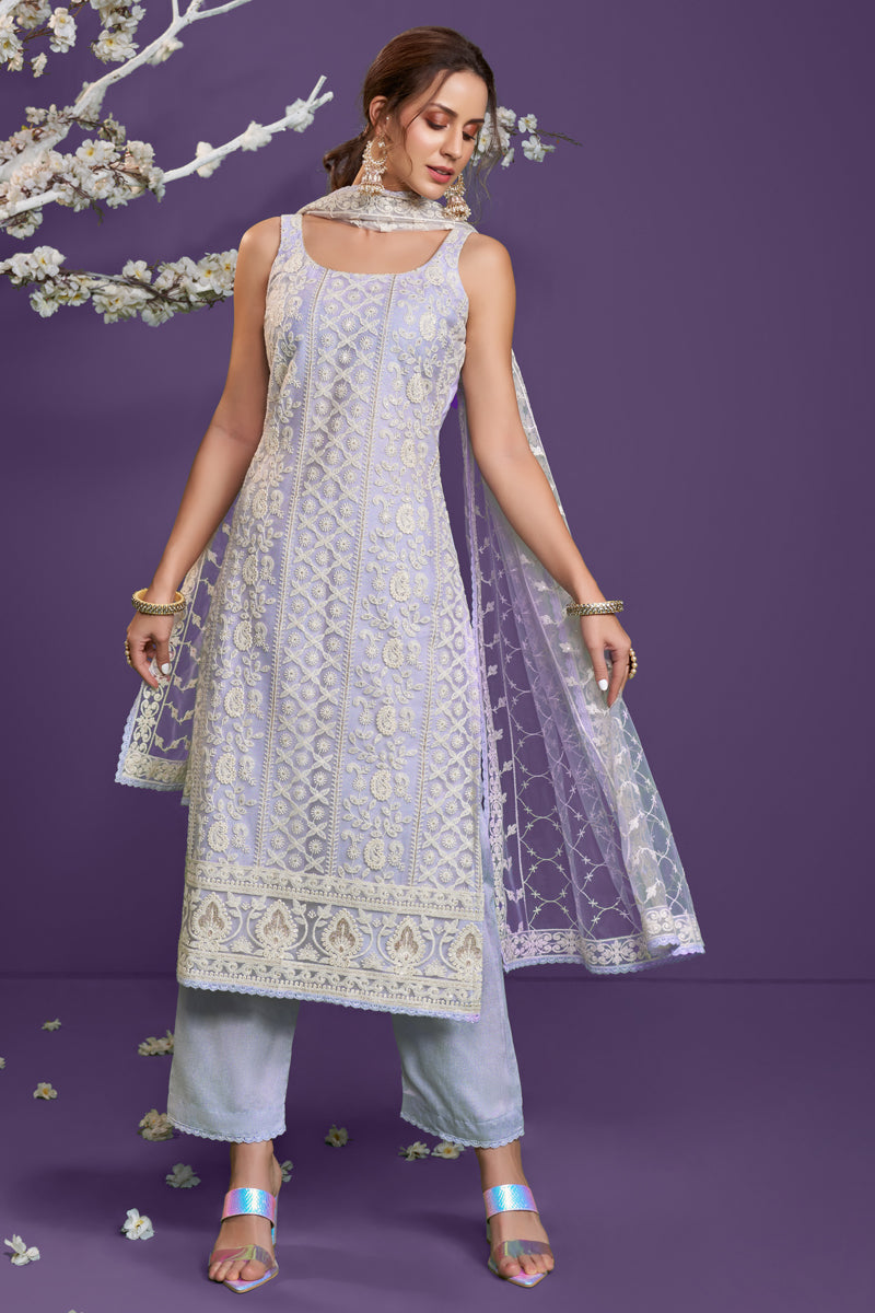 Function Wear Net Fabric Lavender Color Thread Embroidered Designer Salwar Suit
