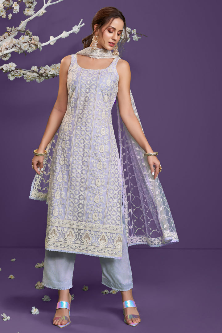 Function Wear Net Fabric Lavender Color Thread Embroidered Designer Salwar Suit