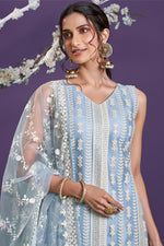 Load image into Gallery viewer, Light Cyan Color Festive Wear Thread Embroidered Net Fabric Designer Salwar Suit
