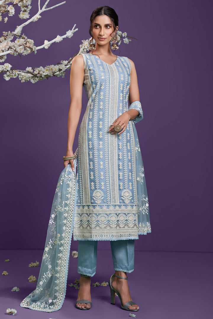 Light Cyan Color Festive Wear Thread Embroidered Net Fabric Designer Salwar Suit