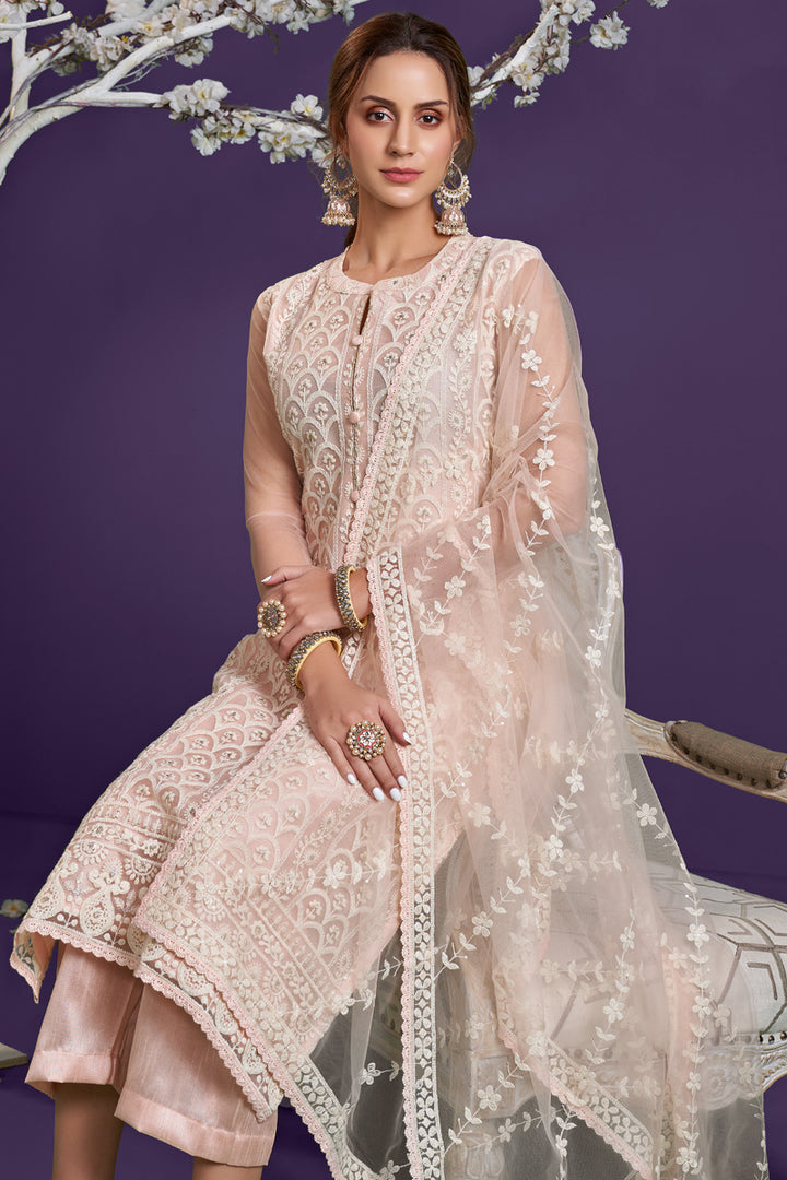 Net Fabric Festive Wear Peach Color Thread Embroidered Designer Salwar Suit
