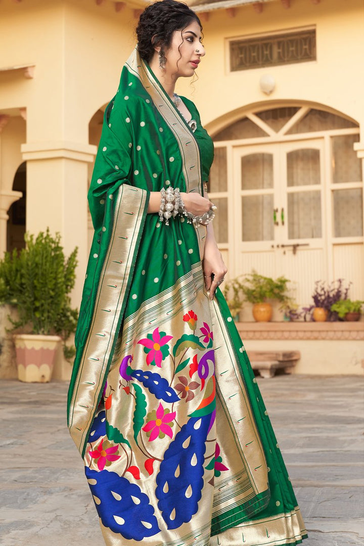 Art Silk Function Wear Green Weaving Work Saree
