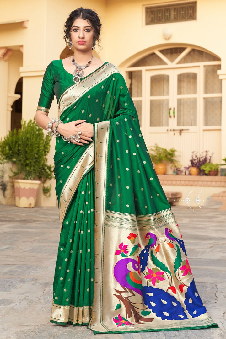 Art Silk Function Wear Green Weaving Work Saree