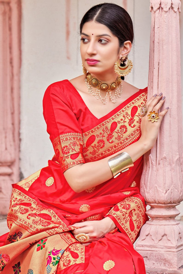 Festive Wear Red Art Silk Fabric Weaving Work Designer Saree